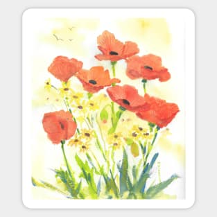 Orange Poppies and Yellow Daisies Watercolor Sticker